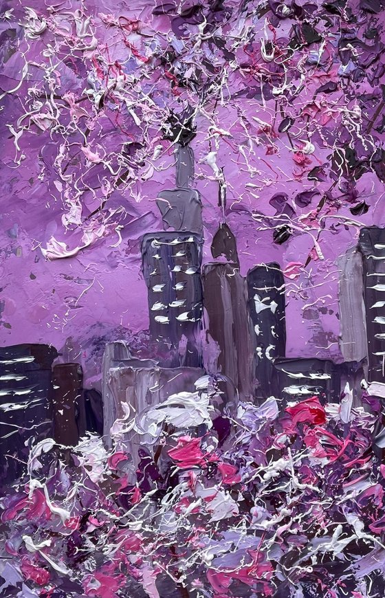 New York Painting Cityscape Original Art NYC Small Oil Artwork Cherry Blossom Tree Impasto Wall Art 8 by 12" by Halyna Kirichenko