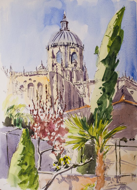 Salamanca. Street sketch. Secret garden near Cathedral. URBAN WATERCOLOR LANDSCAPE STUDY ARTWORK SMALL CITY LANDSCAPE SPAIN GIFT IDEA INTERIOR