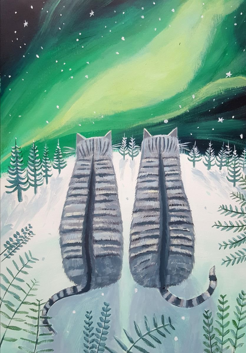Cats with the northern lights by Mary Stubberfield