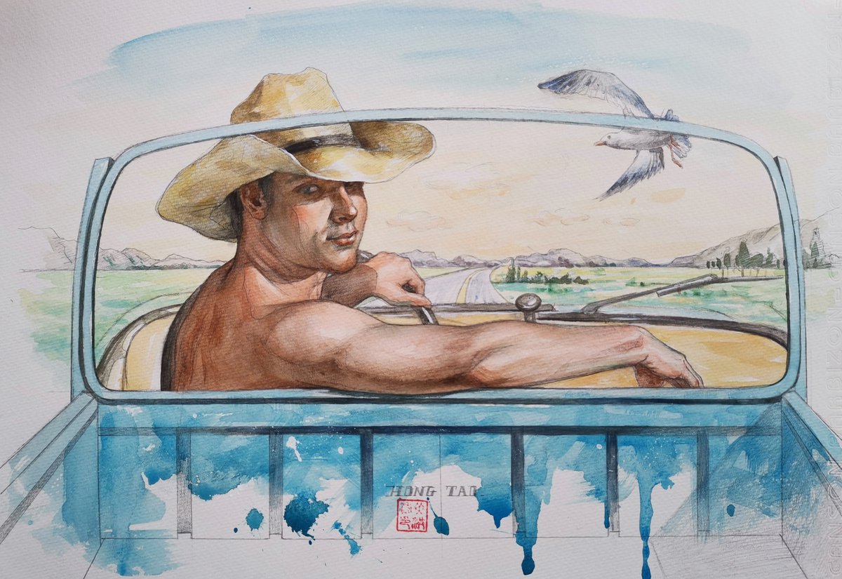 Typographic Portrait Watercolour By Hongtao Huang, 15 X 11, Blue Sky And White Clouds, Original Artwork