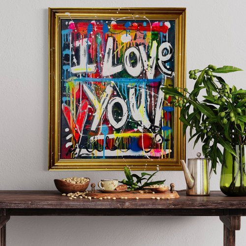 I Love U 3, with vintage frame, ready to hang by Mercedes Lagunas