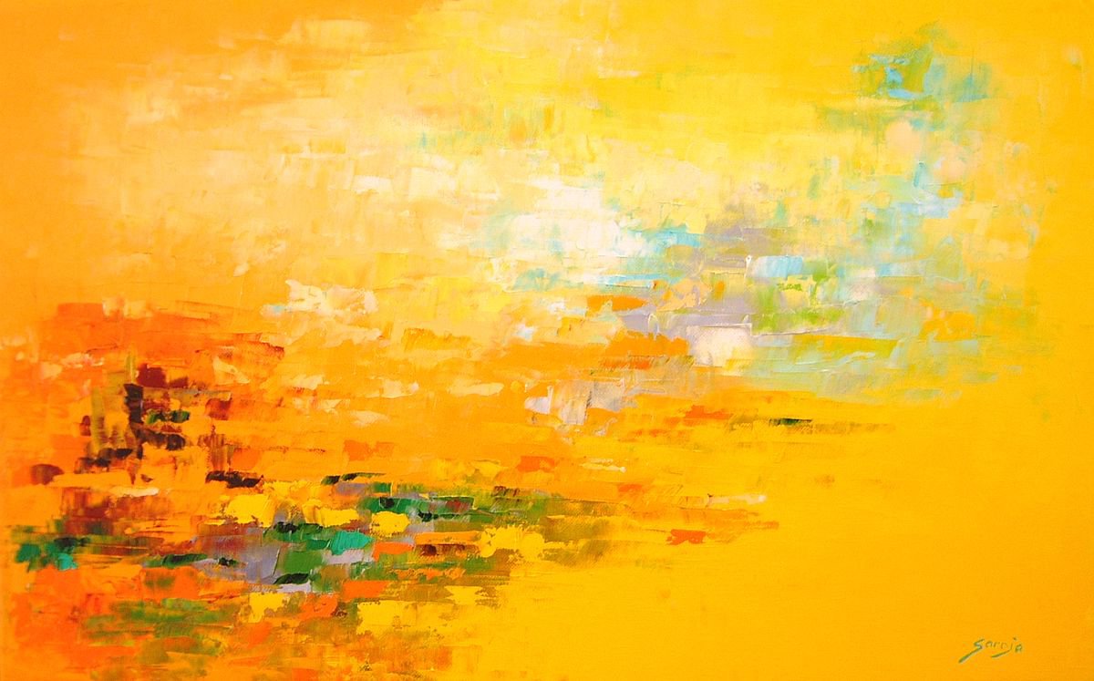 Abstract Landscape Oil Painting By Saroja Van Der Stegen, 26 X 17", Yellow Seascape (Ref#:860-12M), Original Artwork