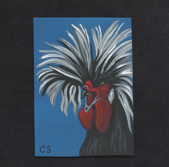 ACEO ATC Original Miniature Painting Fancy Black Chicken Farmyard Art-Carla Smale