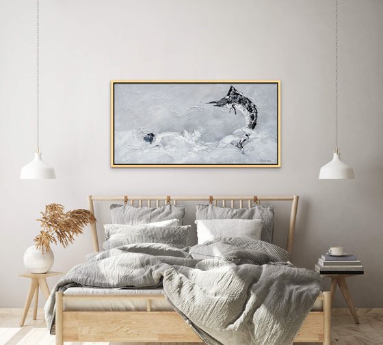 OCEAN SURPRISE. Large Gray Abstract Painting of Fish Jumping out of the Water