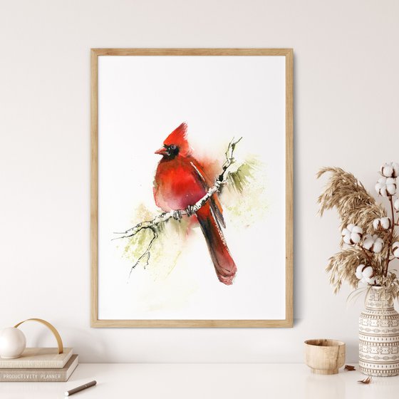 Northern Cardinal Bird Watercolor Painting