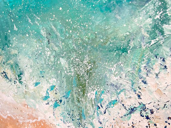 Waves - Sea Canvas Impasto Abstract Painting, Blue Green Sea Landscape, Living Room Art, Minimalist Art, Wall Art Decor