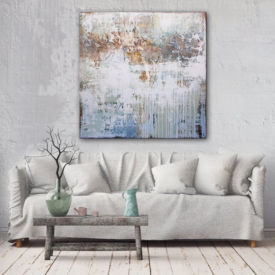 A DAY IN SPRING - OVERSIZED ABSTRACT SQUARE PAINTING TEXTURED * PASTEL COLORS