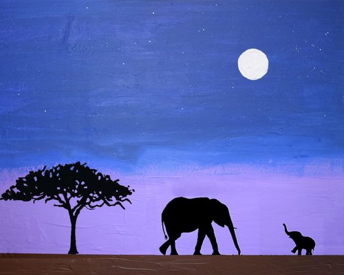 original abstract animal art acrylic blue violet impasto landscape "elephants at new Moon" africa animal painting art canvas - 40 x 50 cm/16x20" by Stuart Wright