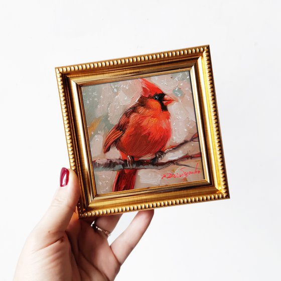 Cardinal bird oil painting original small art framed, Gold red Bird wall art home decor, Small painting 4x4