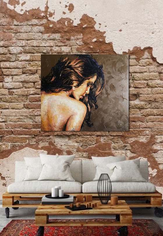 Beautiful nude girl, portrait naked figure woman, oil, acrylic, canvas, painting