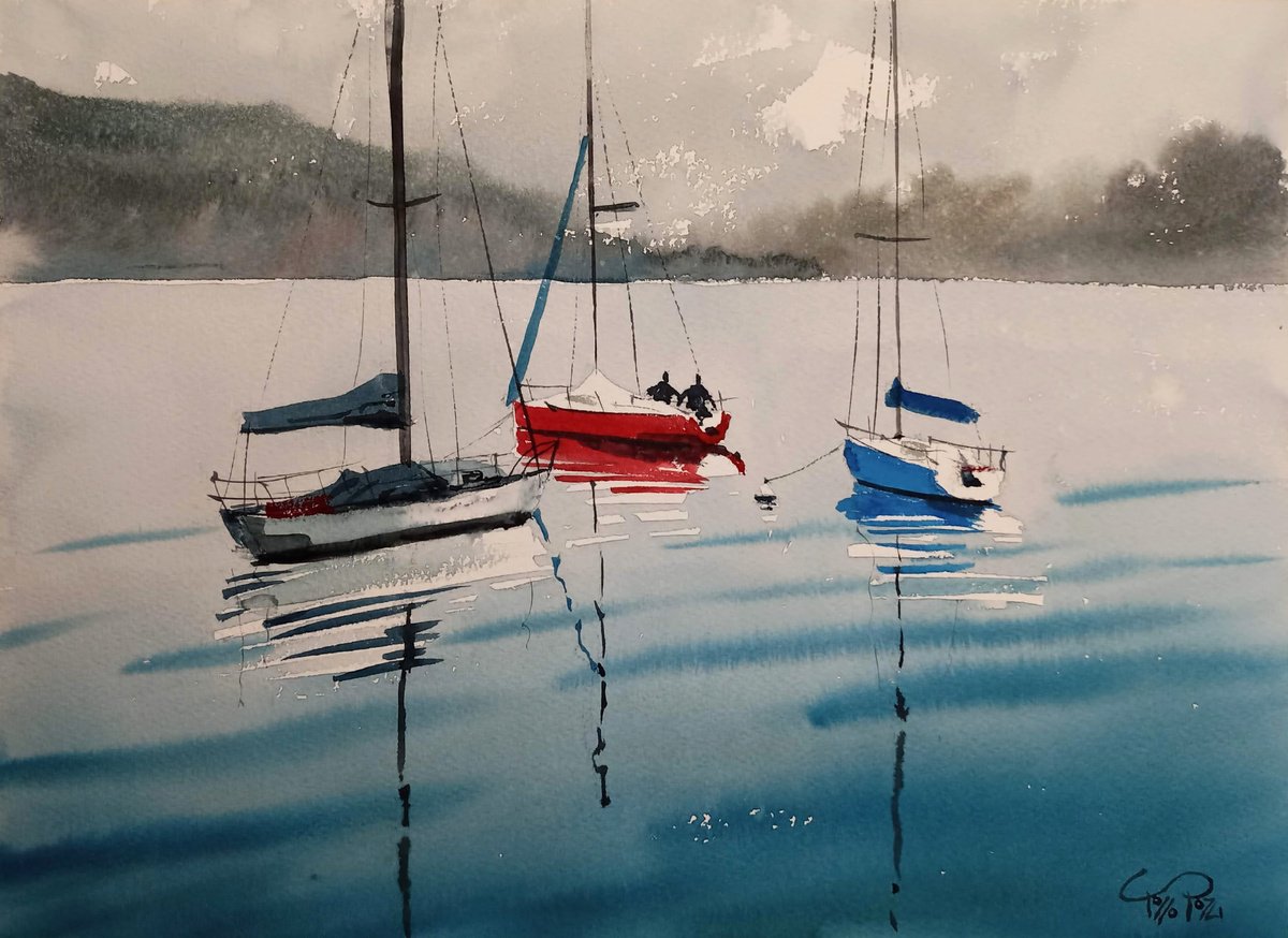 Expressive Landscape Watercolour By Tollo Pozzi, 15 X 11", Sailing, Original Artwork