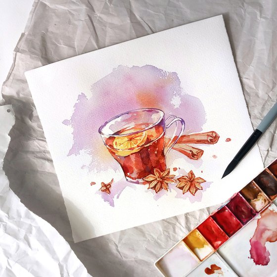 Still life "Cup of mulled wine with spices" original watercolor painting postcard