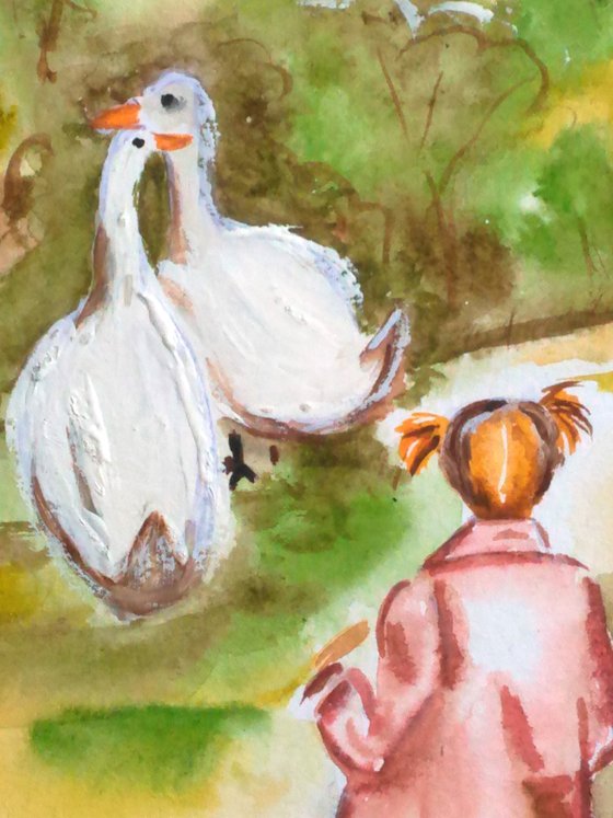 Sisters Painting Kid Original Art Girls and Gooses Small Watercolor Artwork 8 by 12 inches