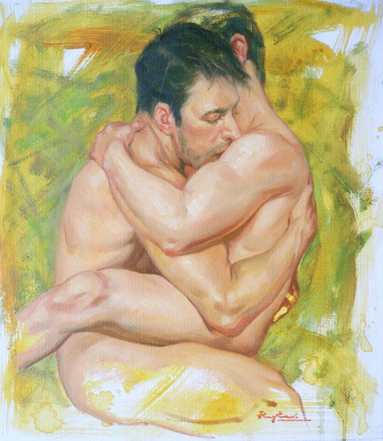 ORIGINAL OIL PAINTING EROTIC ART GAY INTEREST MALE NUDE  ON LINEN#16-9-12