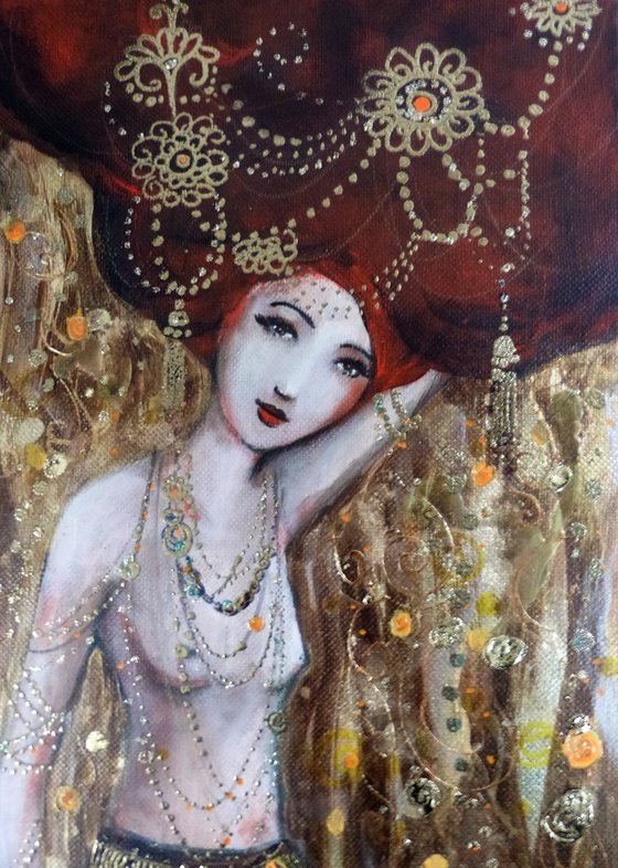 Gold abyss 20 x60 cm.Mermaid woman in gold.