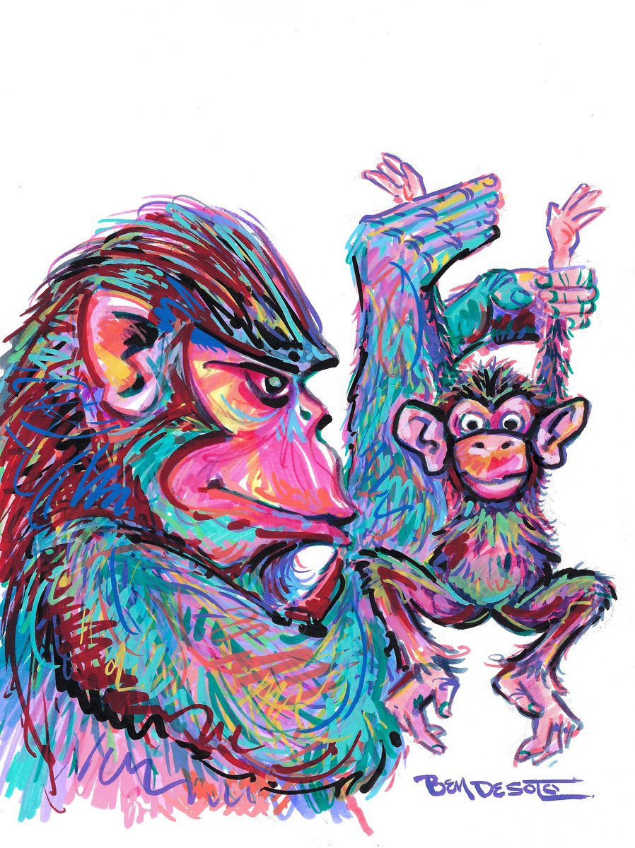 Animal Painting By Ben De Soto, 9 X 12, Swingtime Chimpanzee, Original Artwork