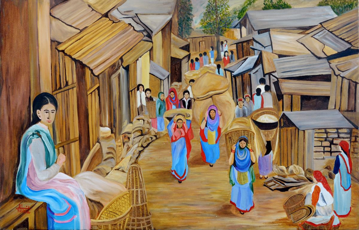 Impressionistic Landscape Oil Painting By Ajay Harit, 45 X 29, Market Scene, Original Artwork