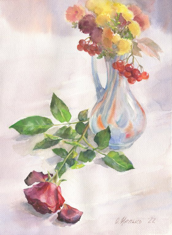 Last chords. Red / ORIGINAL watercolor ~11x15in (28x37,5cm). Autumn bouquet. Rose