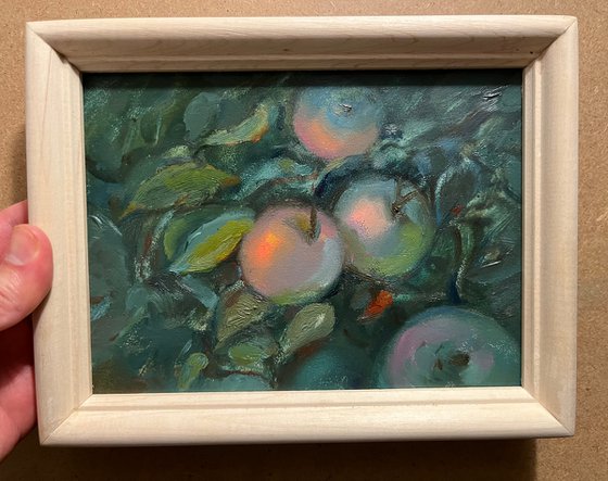 Apples on a tree brunch original miniature oil painting