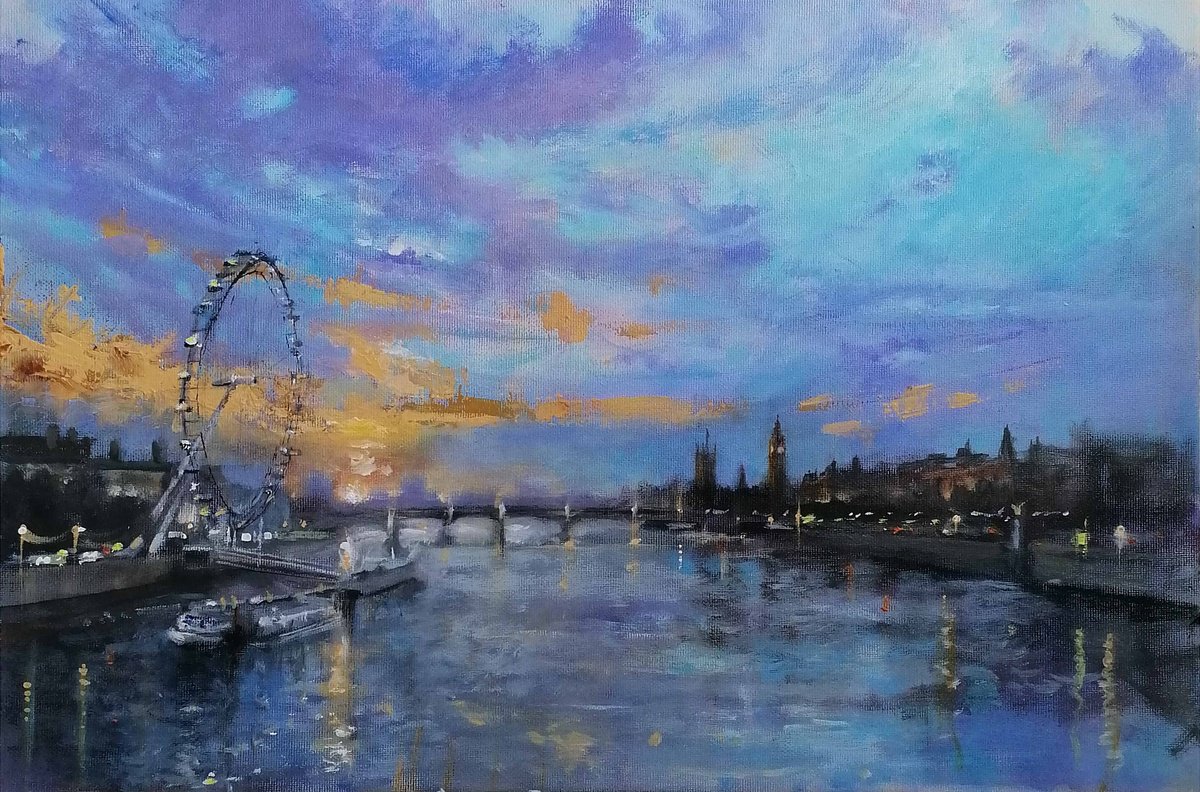 Impressionistic Cityscapes Acrylic Painting By Alan Harris, 24 X 16, As Evening Approaches, London Eye, Original Artwork