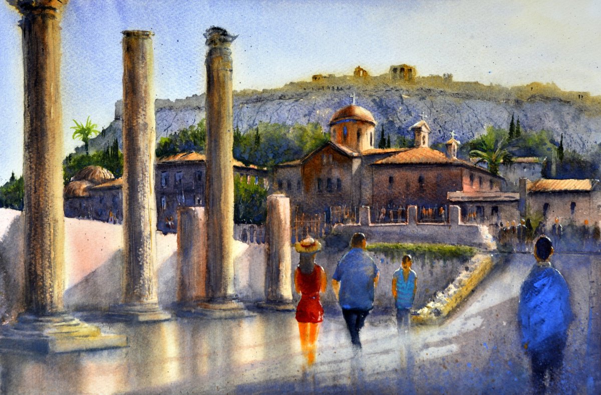 Before Hadrians Library Athens Greece 35x54cm 2022 by Nenad Kojic watercolorist