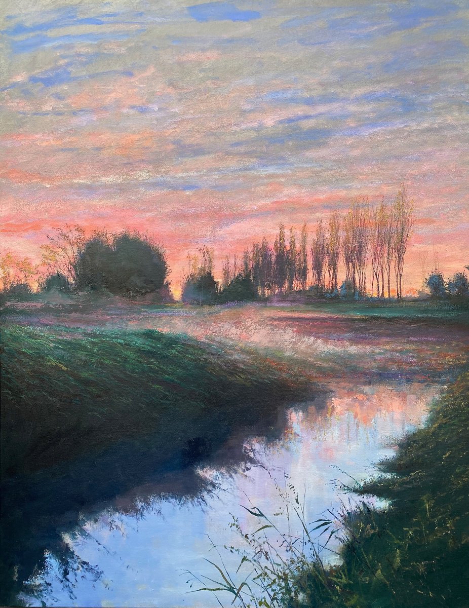 Impressionistic Landscape Oil Painting By Simon Jones, 28 X 36", Red Sky Stream 2, Original Artwork
