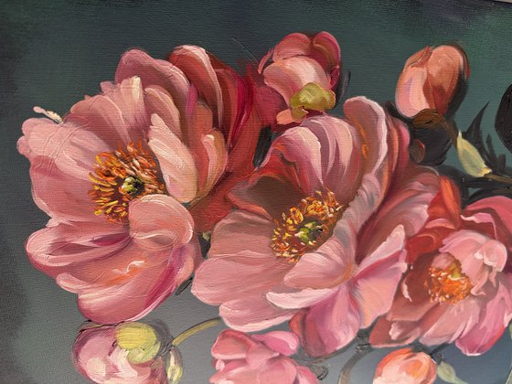 Dramatic Pink Peonies on Dark Teal
