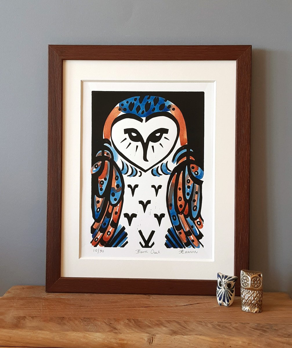 Framed Barn Owl limited edition linocut (coloured 10/30) by Catherine Cronin