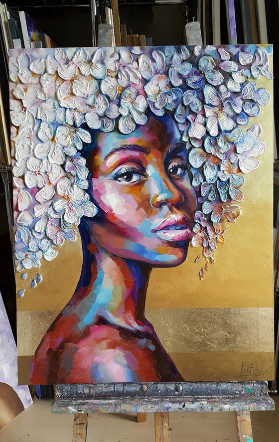 Black girl with white flowers