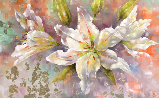 White lilies original oil painting with gold
