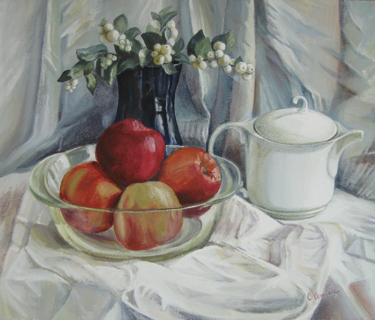 Expressive Still Life Acrylic Painting By Elena Oleniuc, 18 X 15, Red Apples, Original Artwork