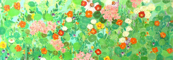 My little garden  (large landscape format colourful painting of flowers and plants in an expressionist style)