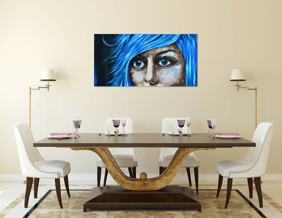 Blue Fear - XXL Original New Contemporary Art Painting Portrait on Large Canvas Ready to Hang