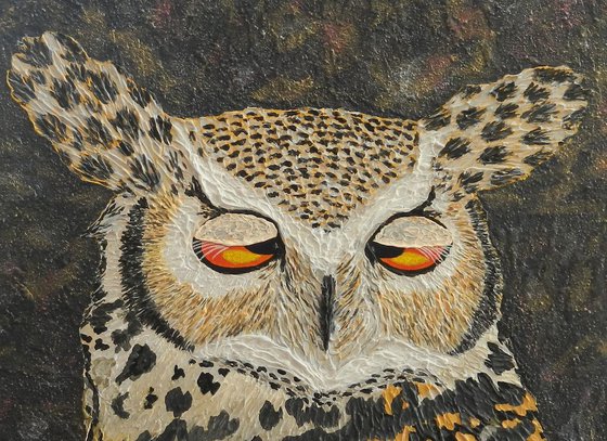 Morning After - horned owl palette knife painting