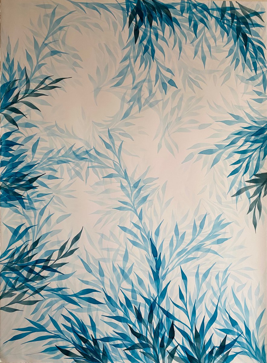 Organic Botanical Acrylic Painting By Shushanik Karapetyan, 22 X 30", Azul, Original Artwork