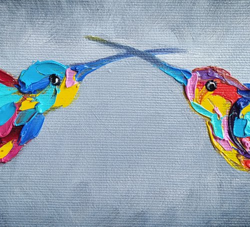 In love - birds, hummingbirds, love, animals oil painting, art bird, impressionism, palette knife, gift. by Anastasia Kozorez