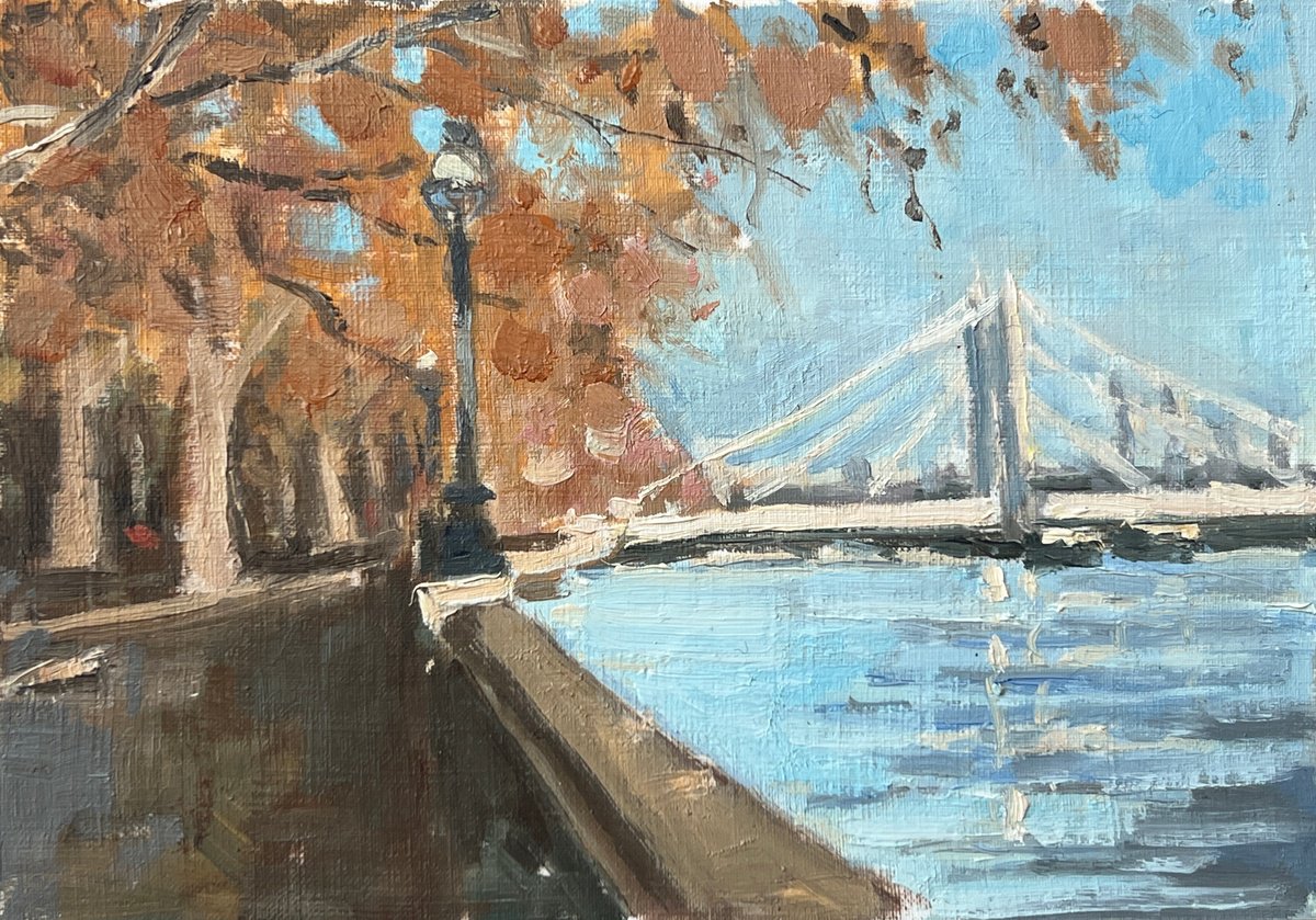 Albert Bridge autumn mini painting by Louise Gillard