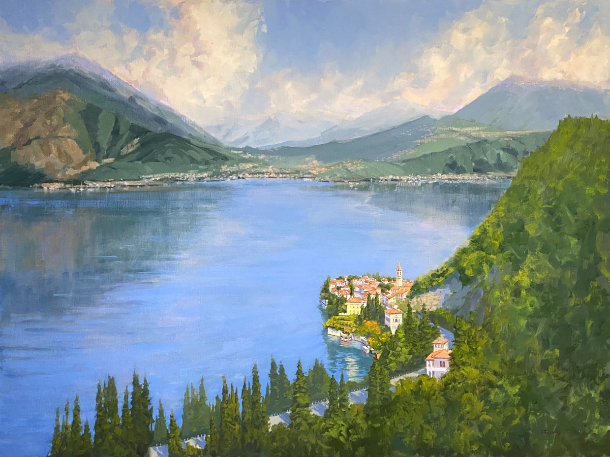 Impressionistic Landscape Oil Painting By Tatyana Fogarty, 40 X 30", View Of Varenna On Lake Como, Original Artwork