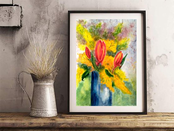 Tulips & Mimosa original watercolor painting