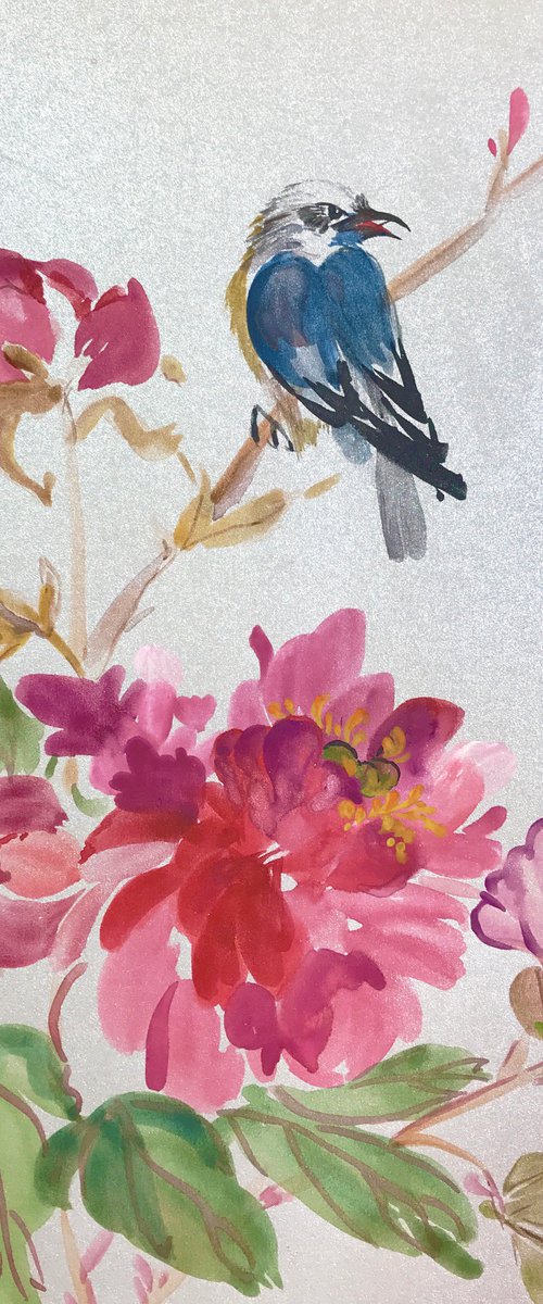 Peonies and sparrow by Anastasia Terskih