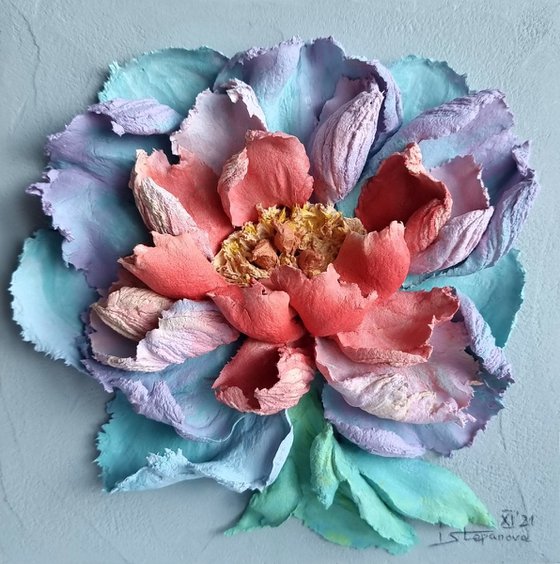 Flower panel rainbow peony 1. Small ceramic sculpture 3d flower with red and blue petals. Colourful peony botanical bas- relief  - Xmas gift, 17x17x4 cm