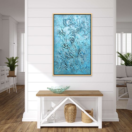 HIDDEN TREASURE. Large Abstract Blue Teal Silver Gray Textured Painting 3D