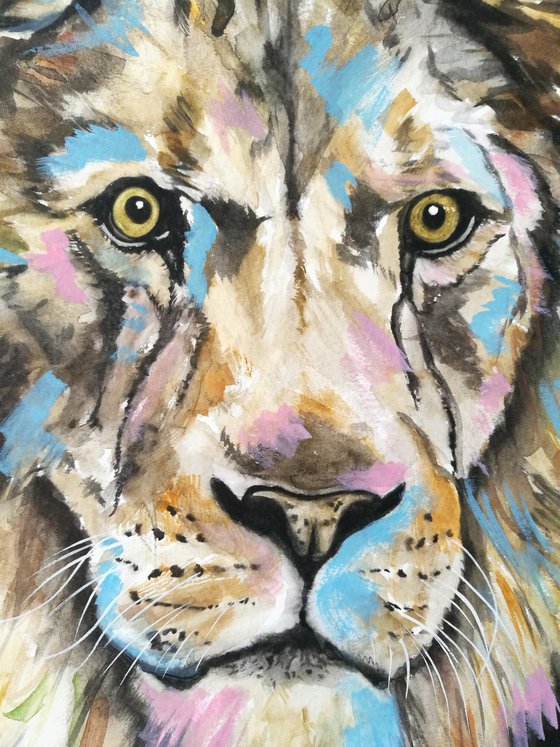 The Wild One. Watercolour Lion Painting on Paper. 29.7cm x 42cm. Free Worldwide Shipping