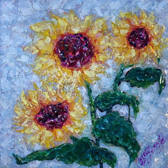 Sunflowers Painting Mixed Media Palette Knife Original Painting Modern Wall Artwork