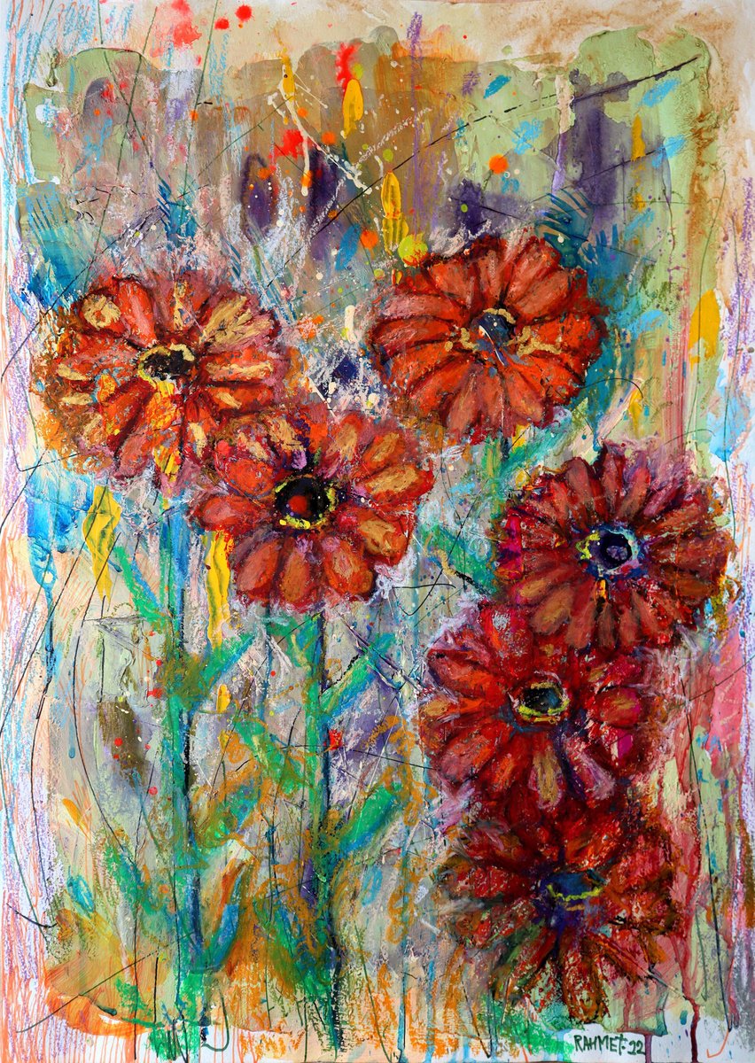 Impressionistic Botanical Acrylic Painting By Rakhmet Redzhepov, 16 X 23", Fantasy With Flowers 61., Original Artwork