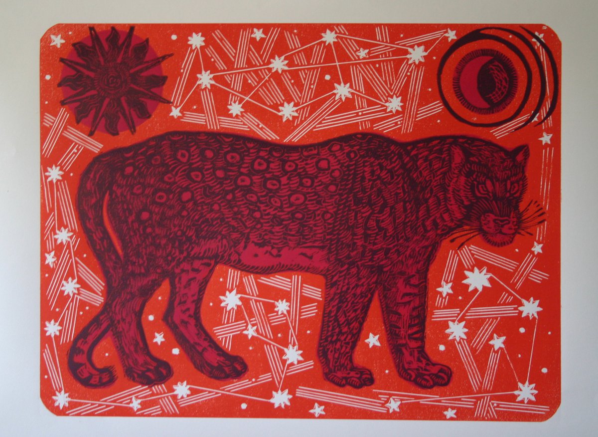 Illustrative Animal Linocut By Kate Willows, 20 X 15", Pink Panther, Original Artwork