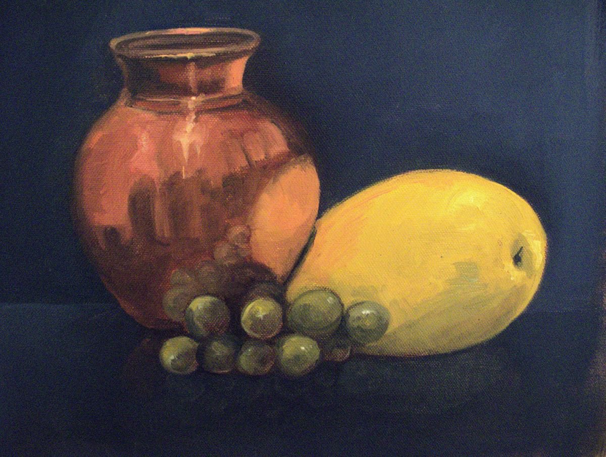 Still life with copper pot and fruits by Asha Shenoy