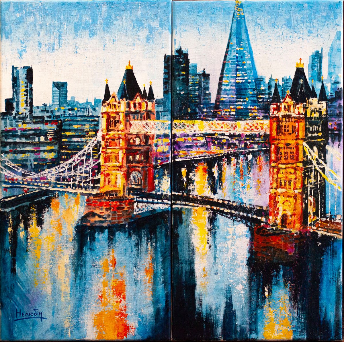 Impressionistic Cityscapes Acrylic Painting By Aleksandr Neliubin, 24 X 24, Evening London, Original Artwork