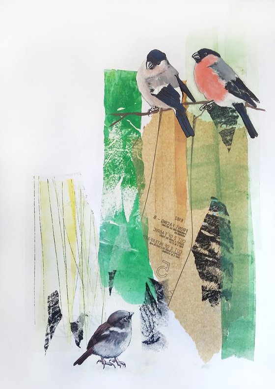 The little bird said... - bullfinch and sparrow painting