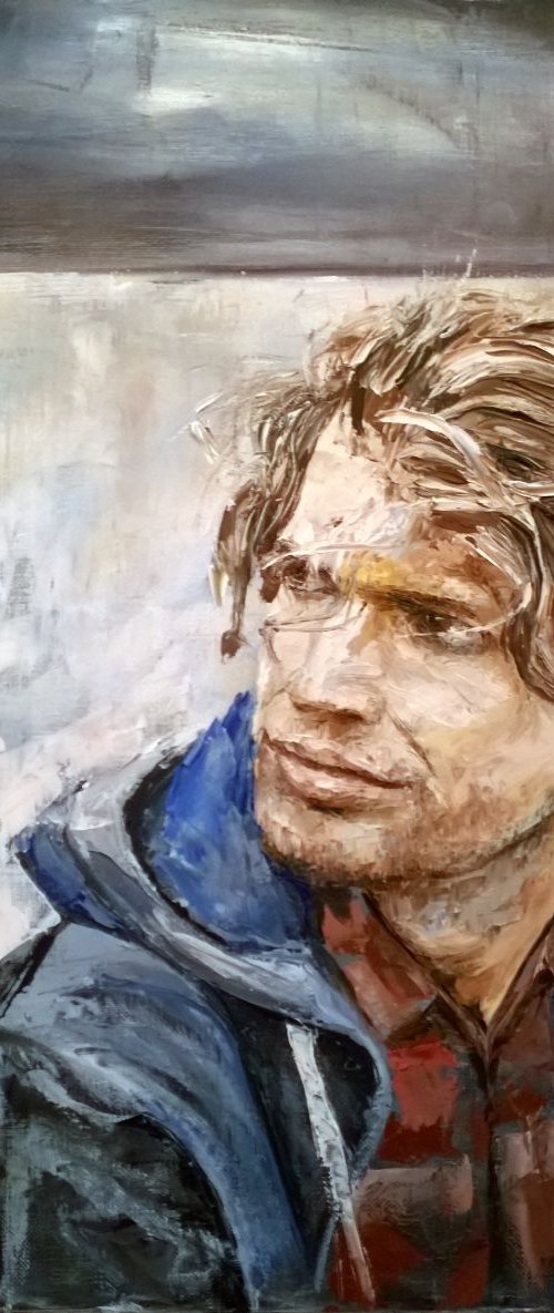 Flash, gestural men portrait palette knife by Leonid Plekhanov
